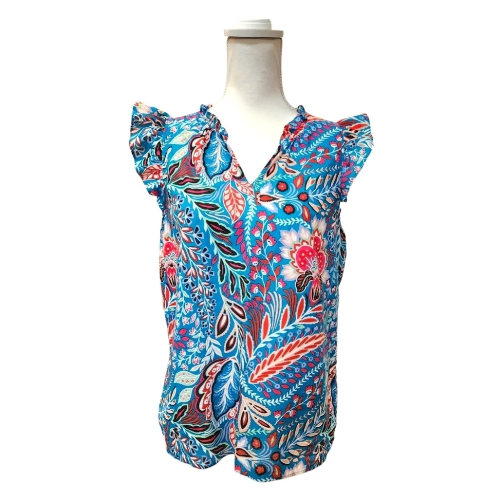 Talbots Botanical Paisley Ruffle Trim Shell Teal Turquoise Pink Floral, Medium - Picture 4 of 13